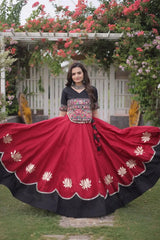 Designer Maroon Lehenga Set featuring Black Embroidered Blouse, Floral Motifs, and Broad Contrast Border