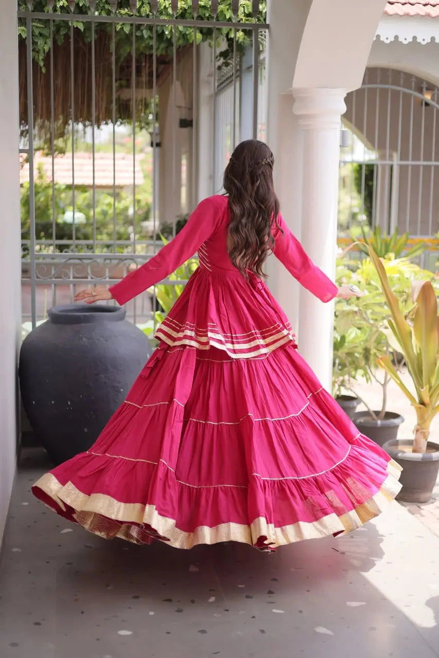 Traditional Indian Pink Lehenga Choli featuring Elegant Flared Skirt, Full Sleeves, and Rich Gota Lace Work