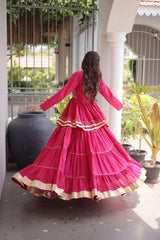 Traditional Indian Pink Lehenga Choli featuring Elegant Flared Skirt, Full Sleeves, and Rich Gota Lace Work