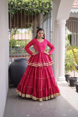 Designer Rani Pink Layered Lehenga Set with Golden Gota Patti Border, Full Sleeve Blouse, and Grand Traditional Appeal