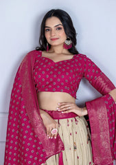 Woman wearing a pink traditional outfit with a white background