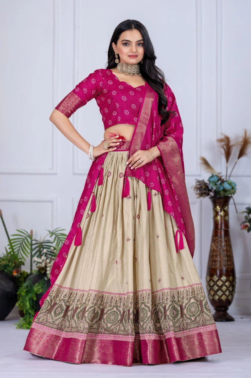 Woman wearing a pink and beige traditional outfit with a white background