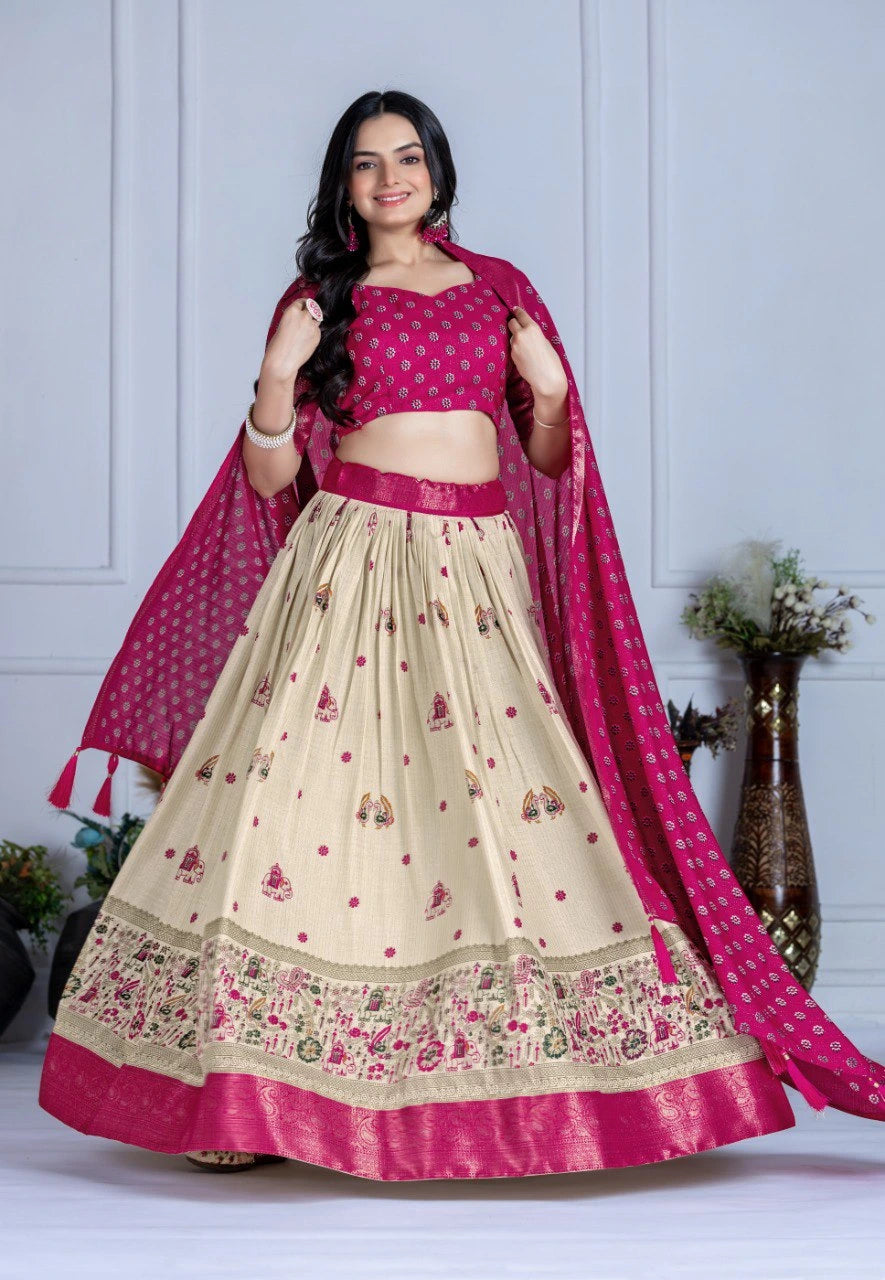 Woman wearing a pink and beige traditional outfit with a red dupatta against a white background