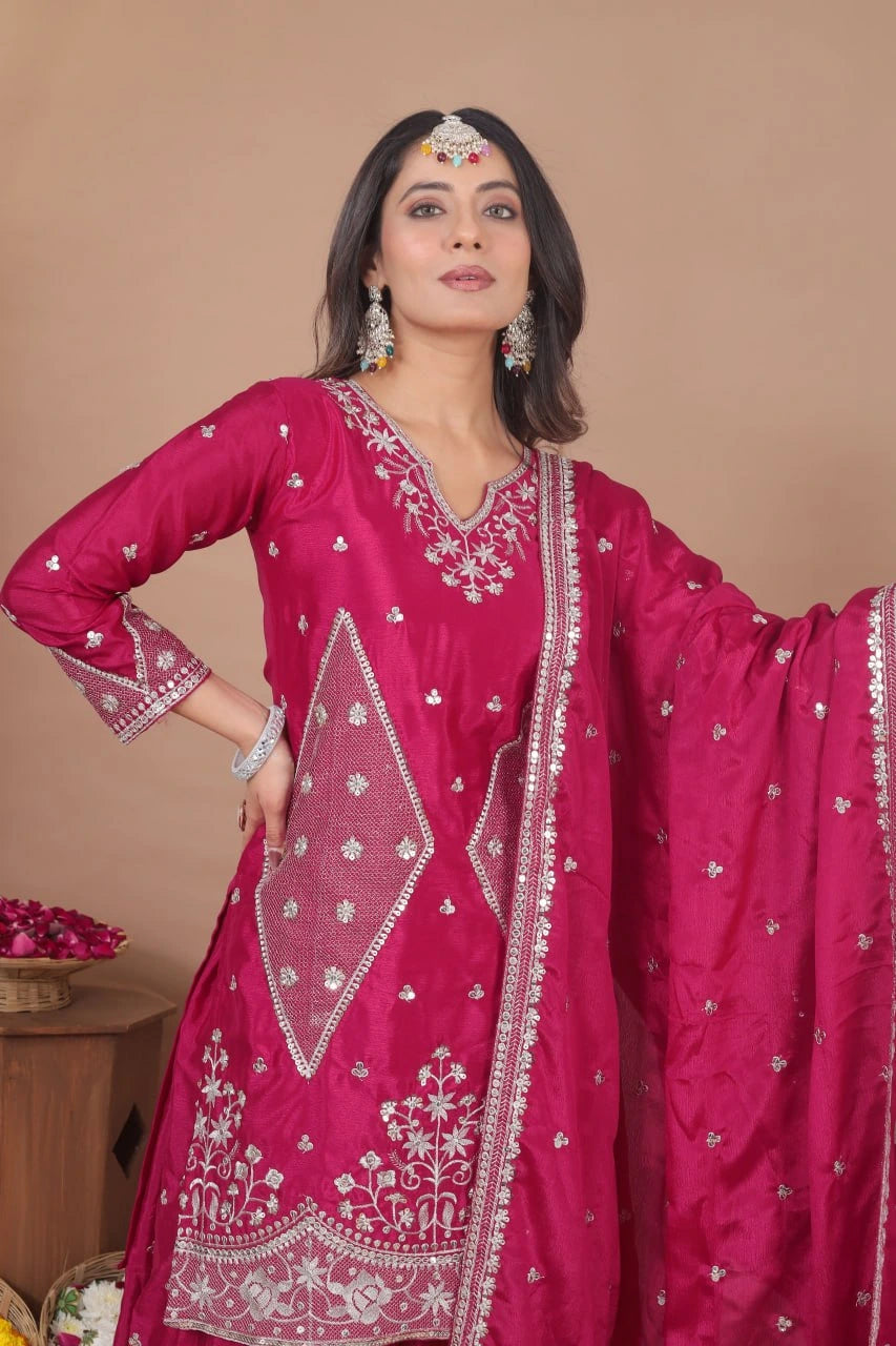 Dark rose pink chinon outfit featuring detailed sequin work