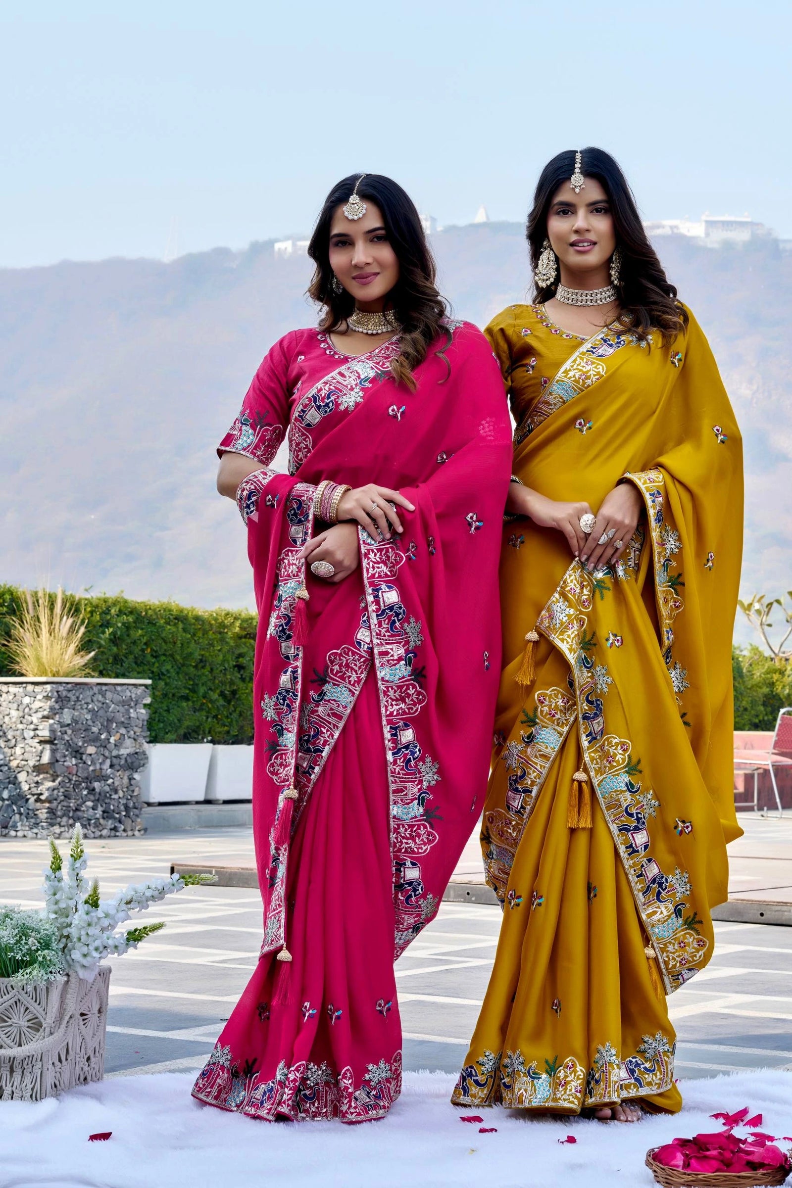 Two women in colorful sarees standing outdoors with a scenic background.