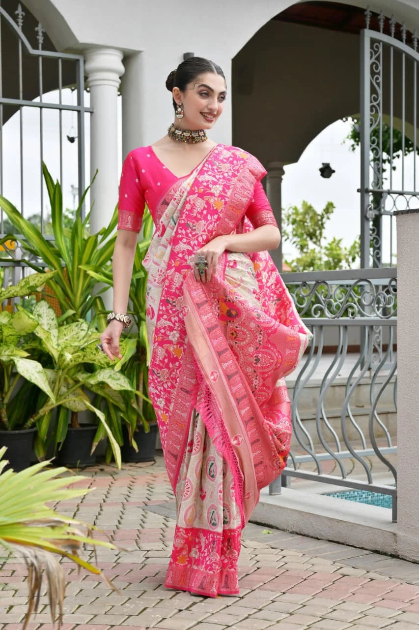 Dark pink Banarasi silk saree with golden zari weaving displayed on mannequin