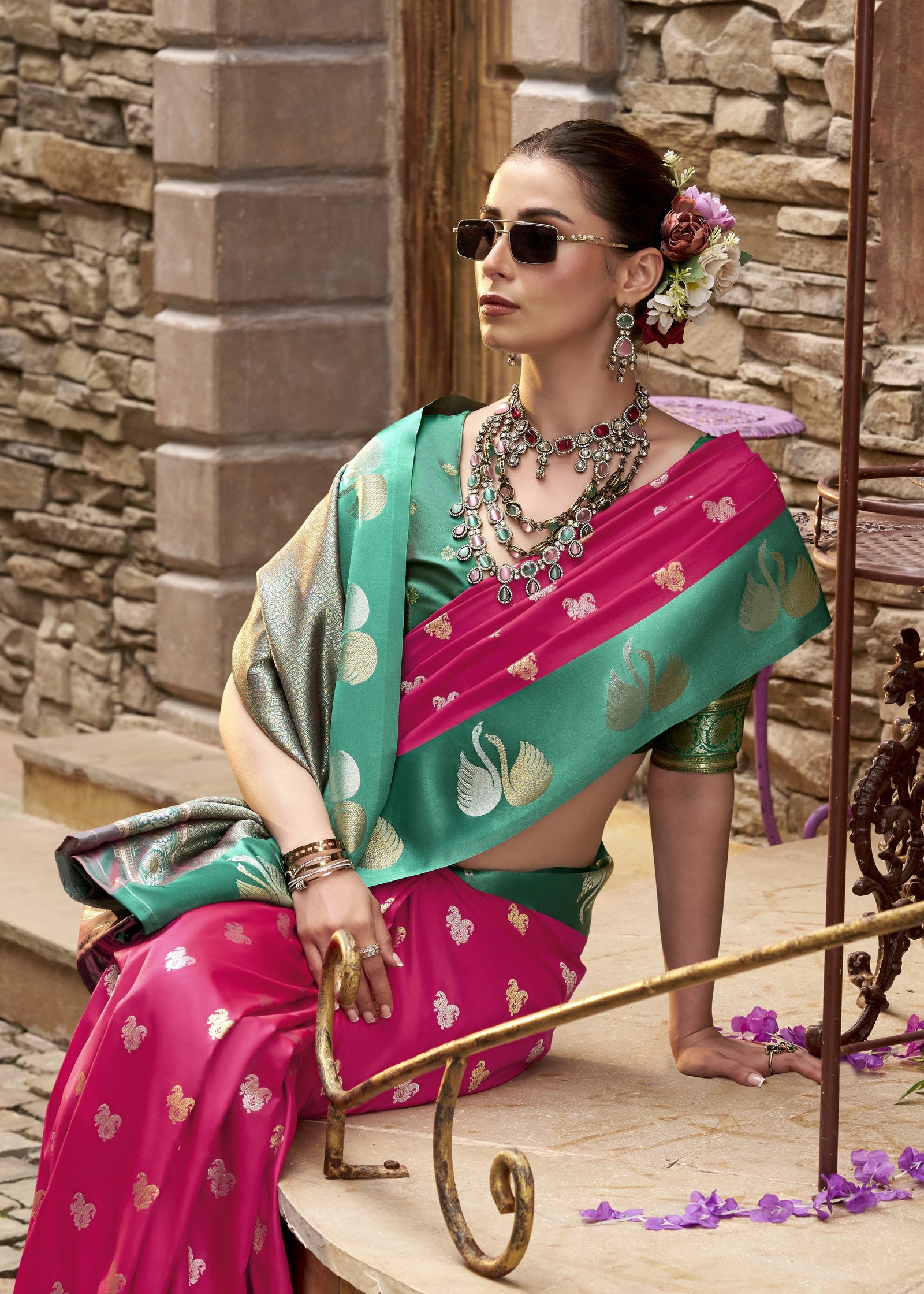 Dark Pink Zari Work Soft Satin Silk Saree