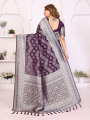 Woman wearing a purple and gray saree with a white background