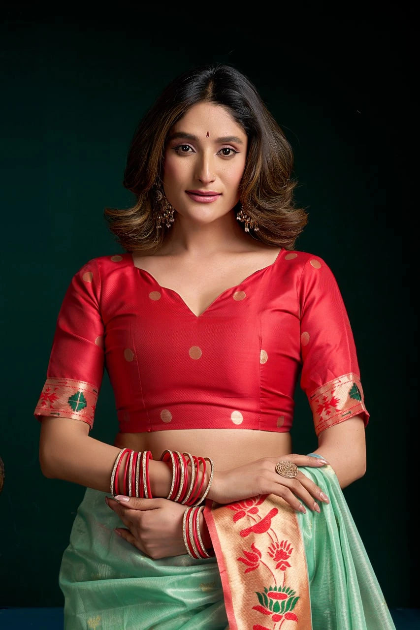 Woman wearing a red blouse with gold polka dots and a light green saree with red patterns on a dark background