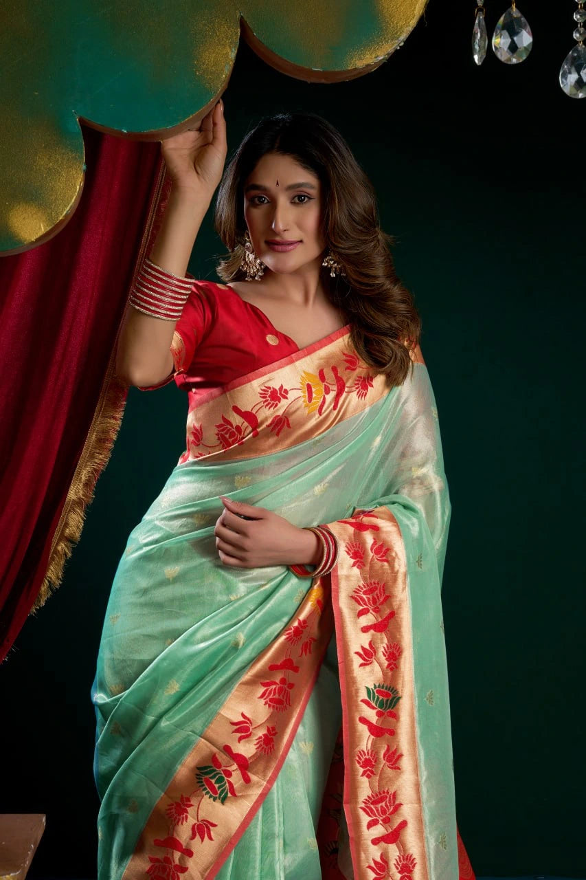 Woman wearing a traditional saree with a red blouse against a dark background