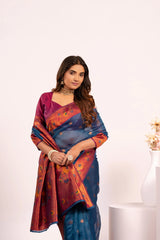 Woman wearing a colorful saree with a white background