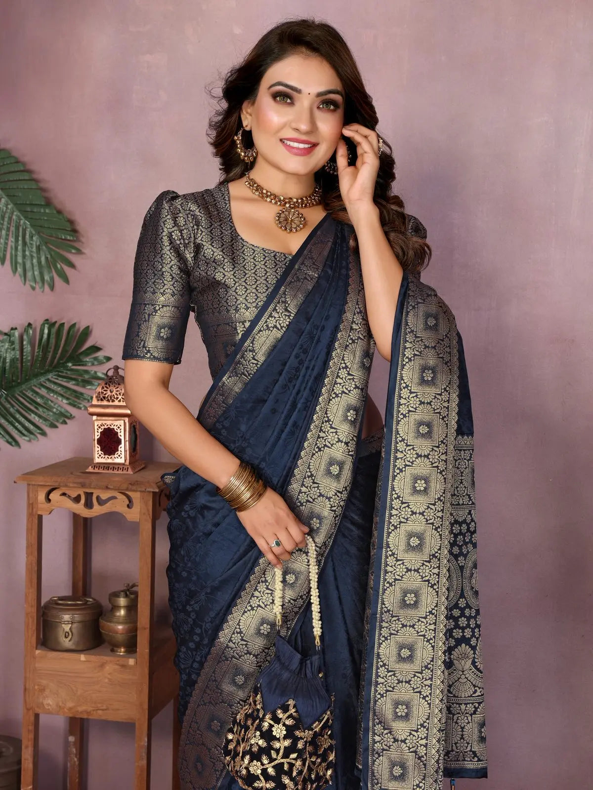 Dark Turquoise Zari Weaving Satin Silk Saree