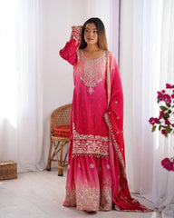 Dark Pink Coding Dori with Sequins Work Chinon Silk Suit