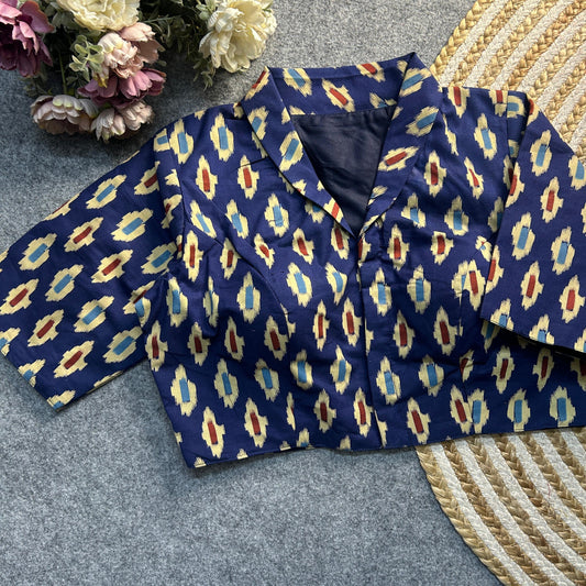 Deep Navy Blue Ajrakh Print Cotton Blouse featuring intricate traditional patterns, blending elegance and heritage for a timeless fashion statement.