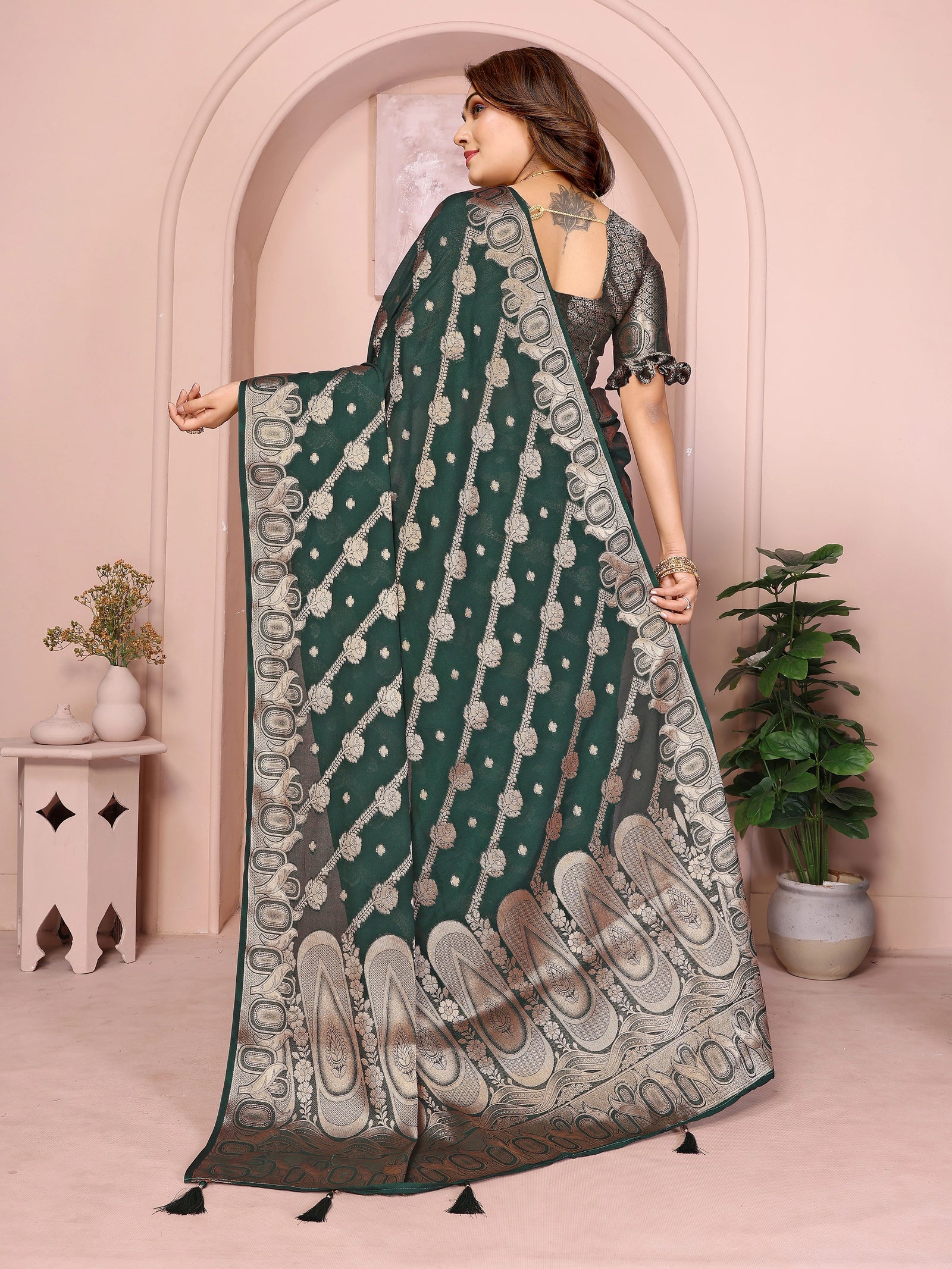 Woman wearing a green saree with a pattern, standing in a room with plants and a pink wall.