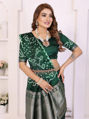 Woman wearing a green and gray traditional outfit with jewelry against a white background