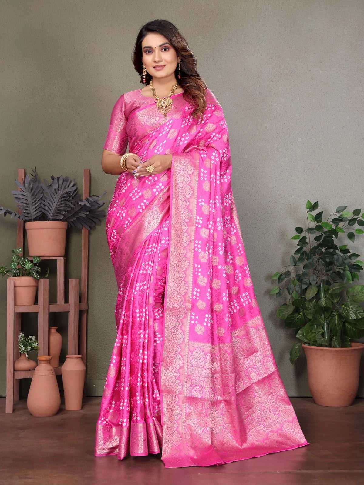 Woman wearing a pink saree with a pattern, standing indoors with plants in the background.
