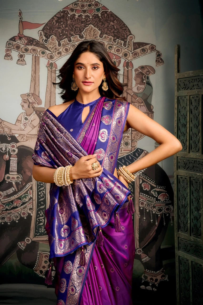 Woman in a purple saree with a decorative background