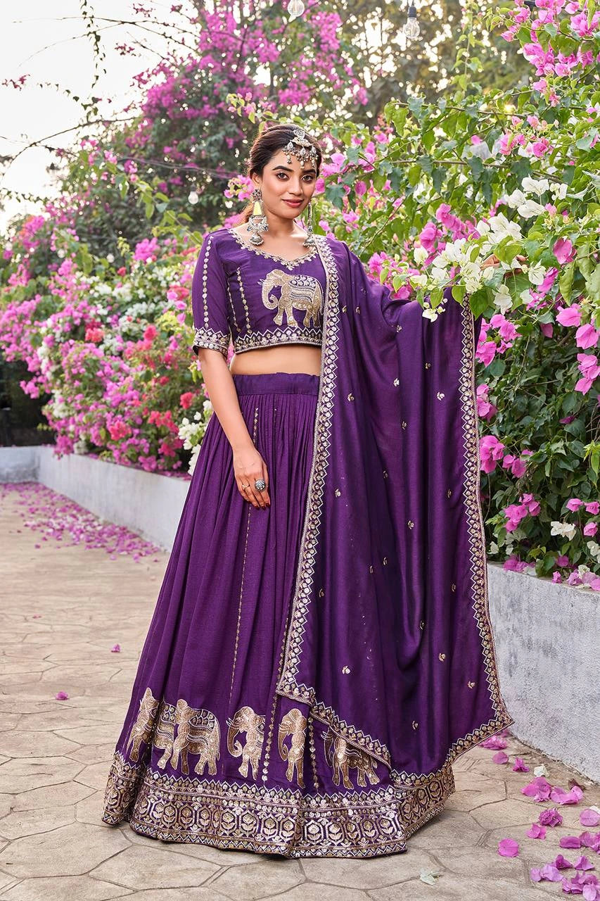 Deep purple Pure Fendy lehenga with sequins embroidery and moti work displayed on mannequin.