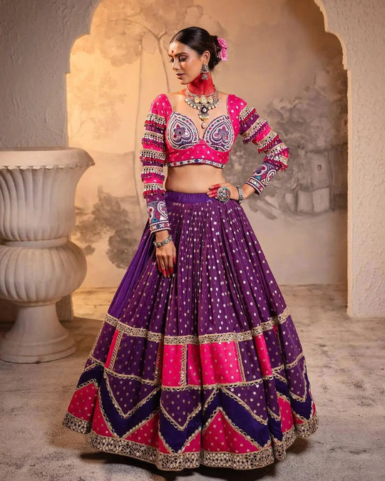 Deep Purple Digital Print with Mirror Work Heavy Muslin Cotton Lehenga