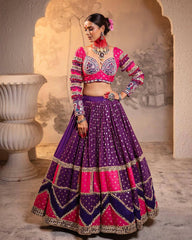 Deep Purple Digital Print with Mirror Work Heavy Muslin Cotton Lehenga