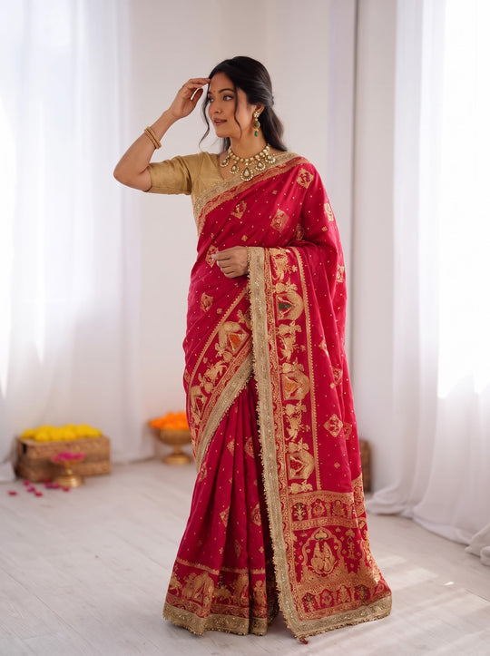Rani Pink Hand Ghungroo with Meena Work Saree – Satin Jacquard Bridal