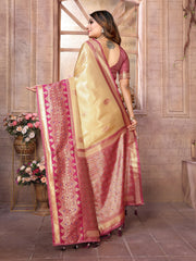 Woman wearing a traditional saree with a decorative border in a decorated indoor setting.
