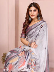 Gray Digital Floral Print Saree closeup – orange red yellow charcoal leaf print detail on linen cotton