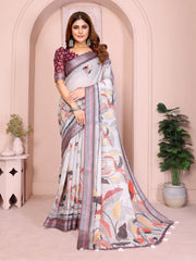 Gray Digital Floral Print Saree front view – linen cotton with botanical leaf motifs and contrast maroon border