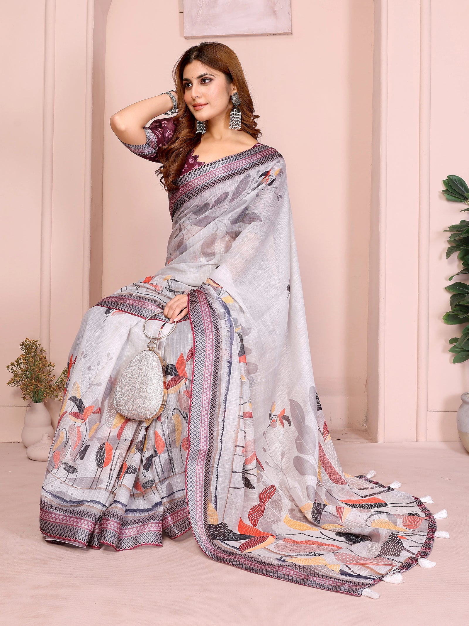 Gray Digital Floral Print Saree on model – illustrated botanical print on light grey linen cotton