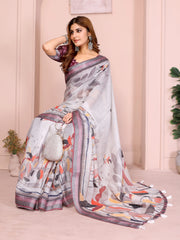 Gray Digital Floral Print Saree on model – illustrated botanical print on light grey linen cotton