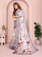 Gray Digital Floral Print Saree side drape – multicolor leaf print with geometric contrast border