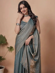 Gray Fendy Saree – upper body close-up showing metallic tissue drape