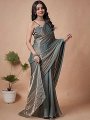 Gray Metallic Fendy Saree – full front standing view with tissue shimmer