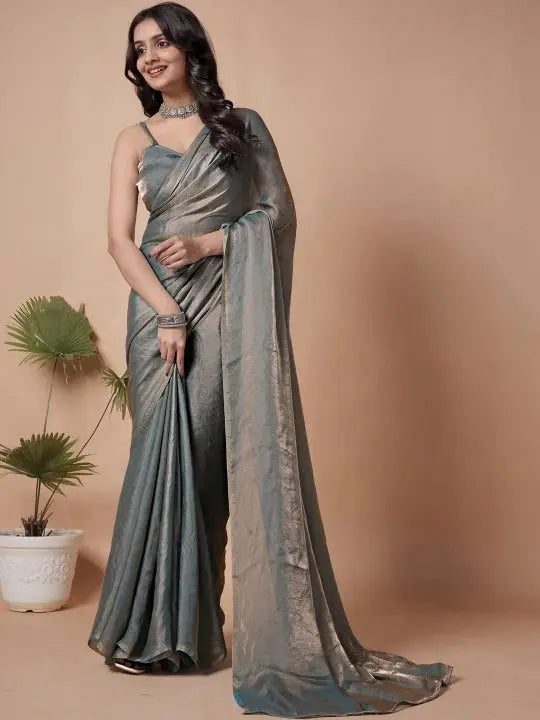 Gray Fendy Plain Saree – front full standing drape view on model