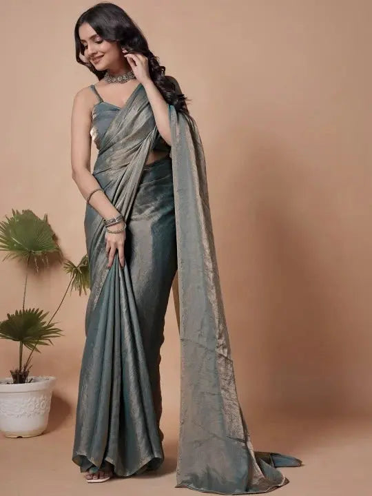 Gray Fendy Plain Saree – three-quarter side view showing metallic sheen