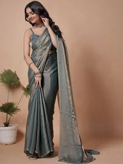 Gray Fendy Plain Saree – three-quarter side view showing metallic sheen
