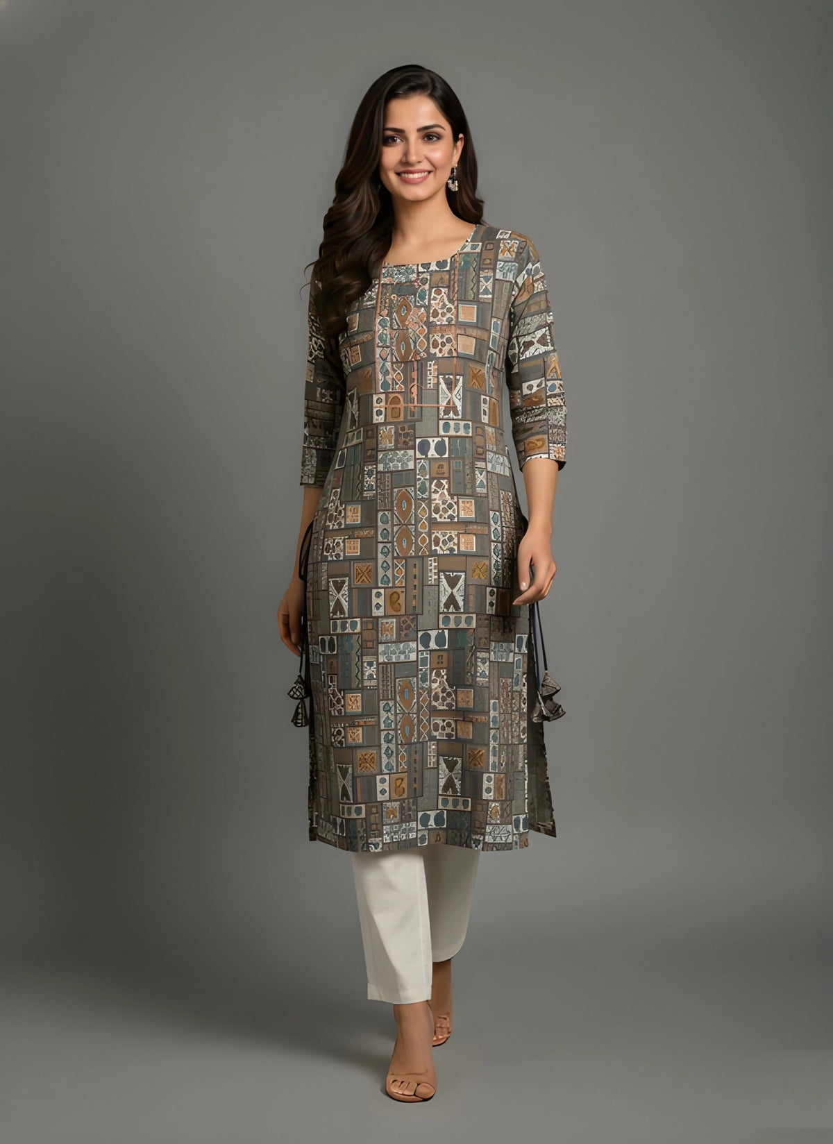 Woman wearing a patterned long kurta with white pants on a gray background