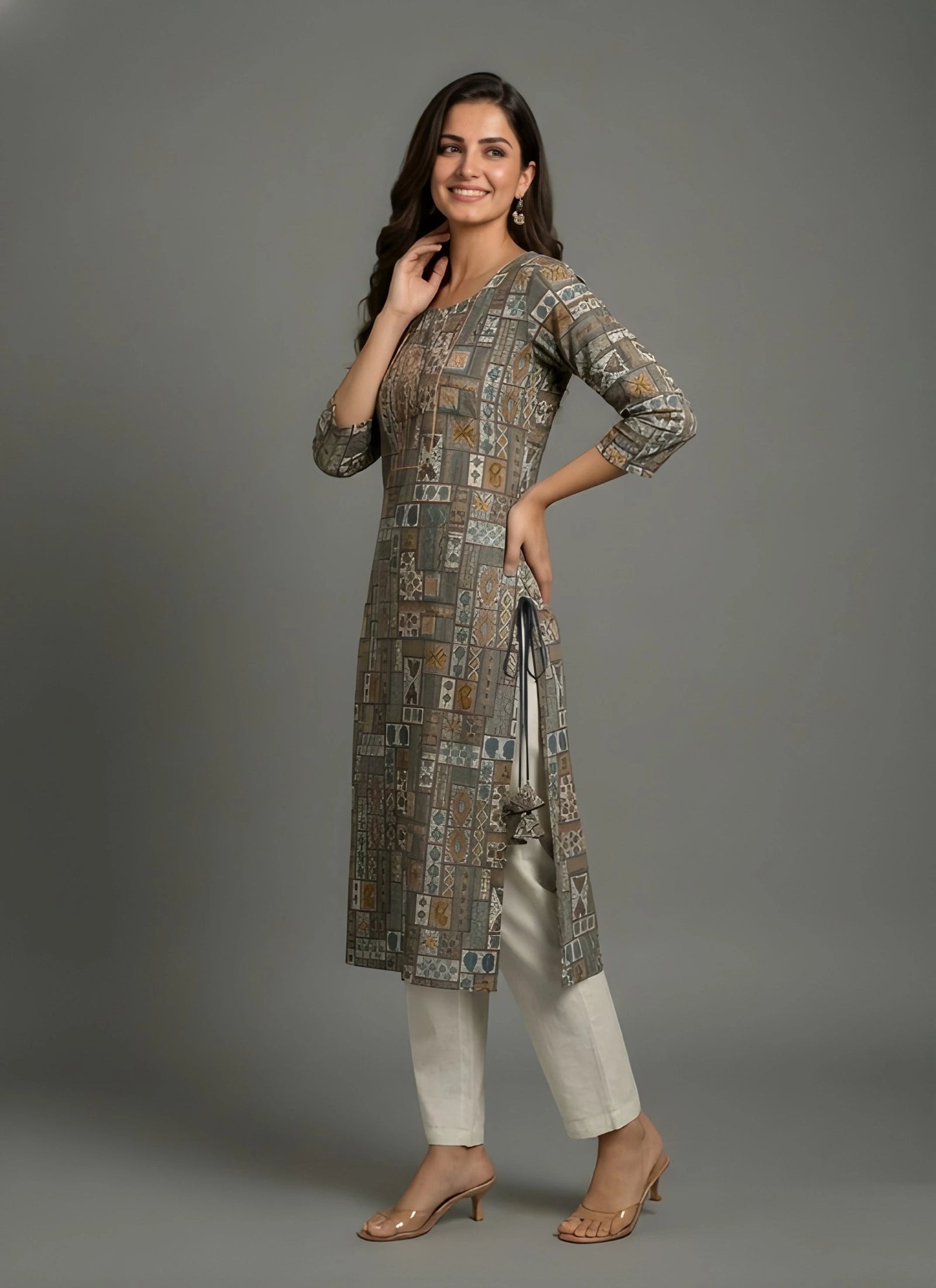 Woman wearing a patterned long shirt and light pants on a gray background