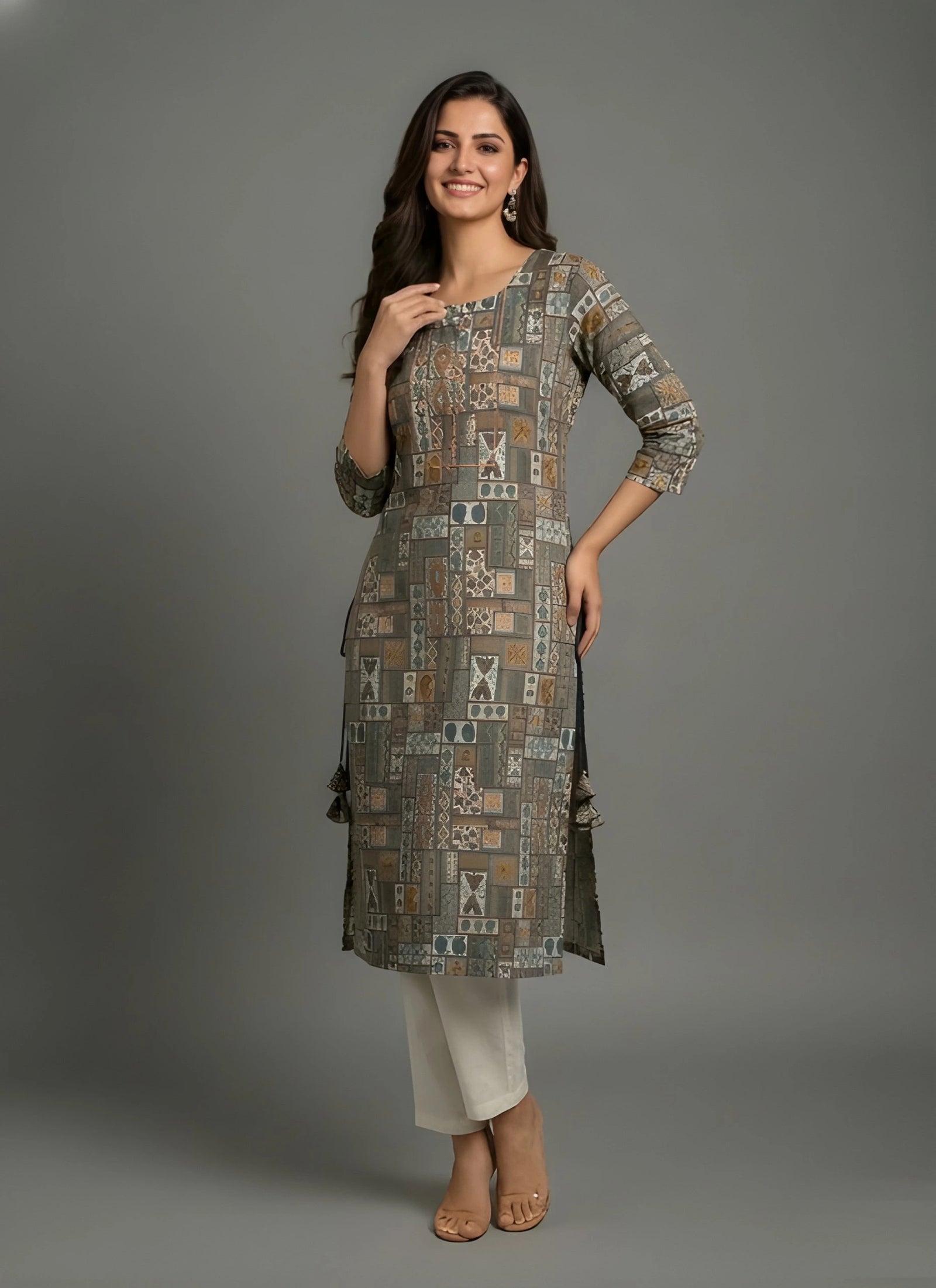 Woman wearing a patterned kurta with white pants against a gray background