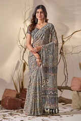 Gray Floral Digital Print Soft Georgette Saree – Kalyanja
