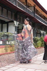 Gray Multicolor Floral Print Linen Cotton Saree