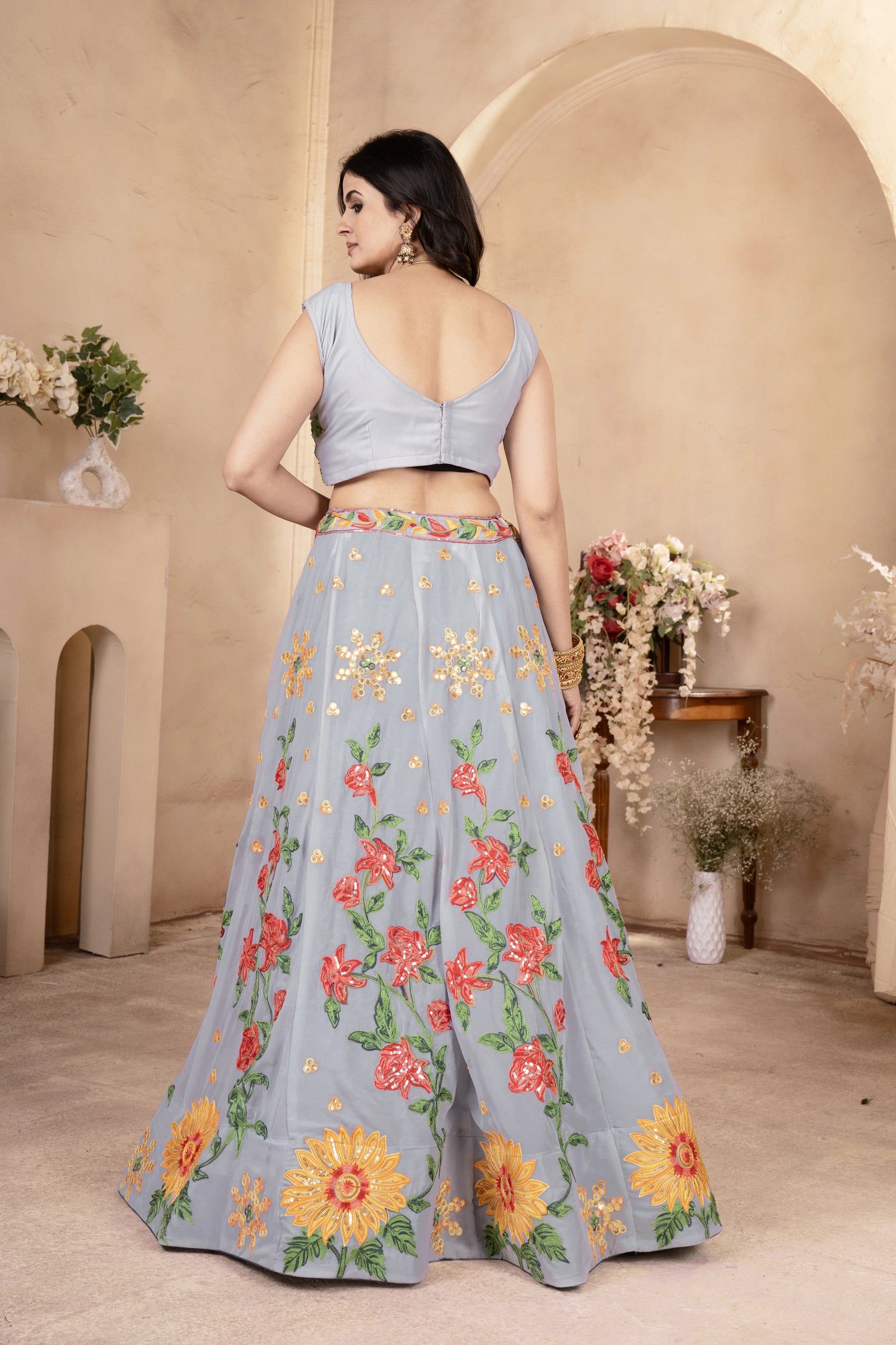 Gray Sequins Thread Embroidered Faux Georgette Lehenga Back Side