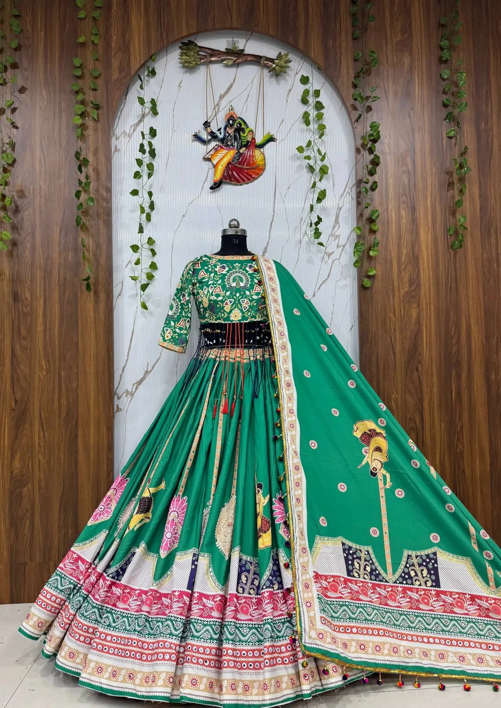 Green Digital Print Lehenga flat lay showing choli, skirt border, and matching dupatta