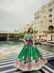 Green Digital Print Lehenga twirl at poolside showing full flare