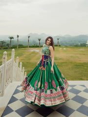Green Digital Print Lehenga twirl view smiling on terrace