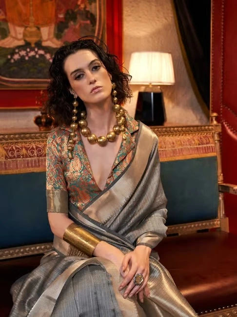 Grey Jacquard Work Moss Chiffon Saree - kalyanja