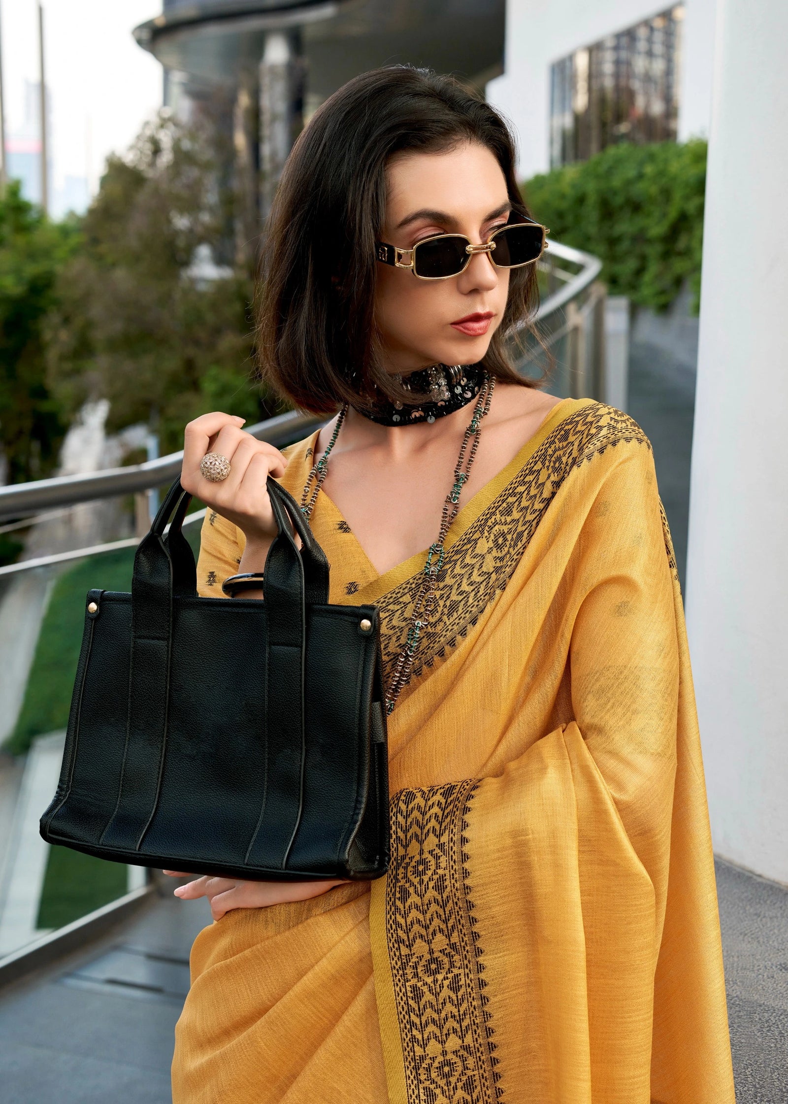 mustard yellow zari woven border linen tissue silk saree - kalyanja