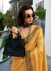 mustard yellow zari woven border linen tissue silk saree - kalyanja