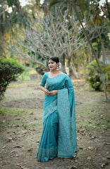 Blue Gala Border Pattern Raw Silk Saree - kalyanja